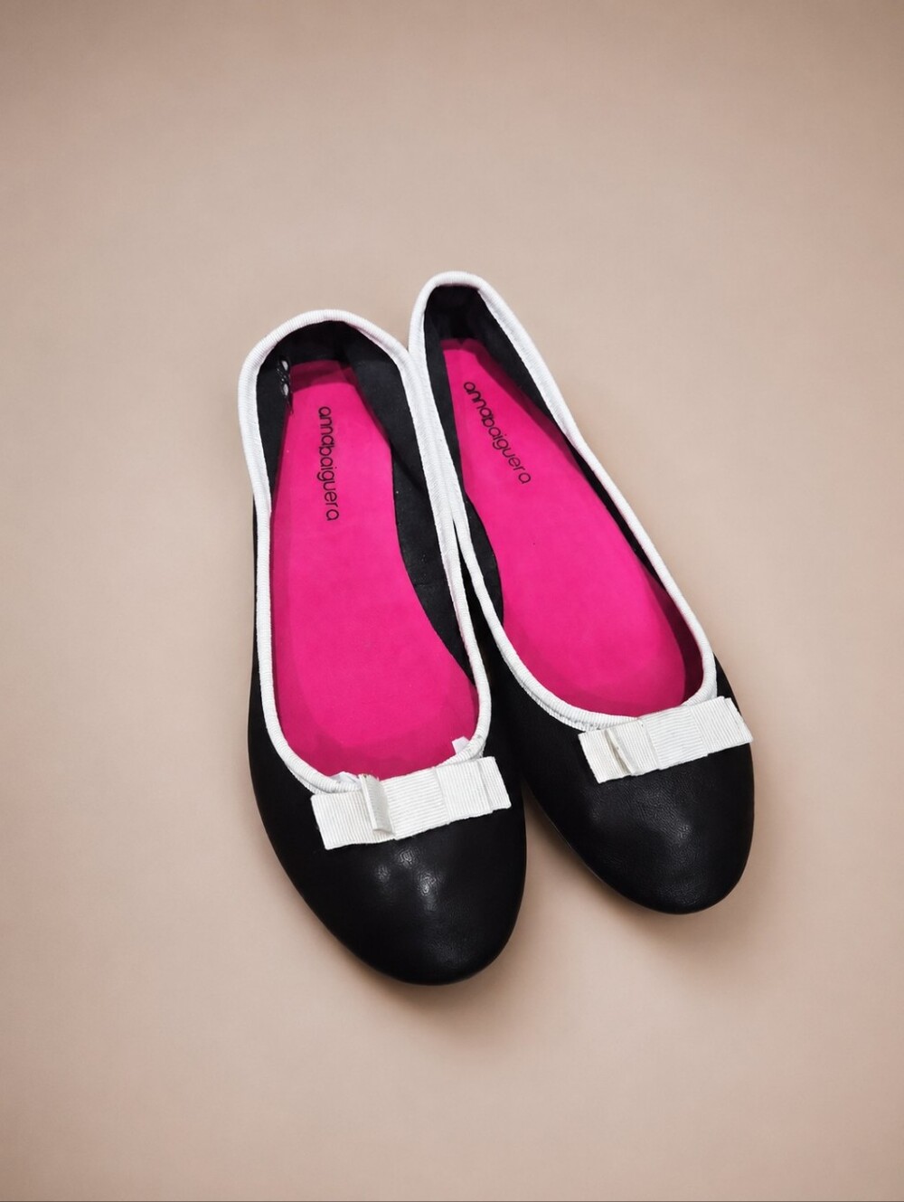 Anna Baiguera Black Soft Leather Ballet Flats White Bow Trim EU 40 Italy